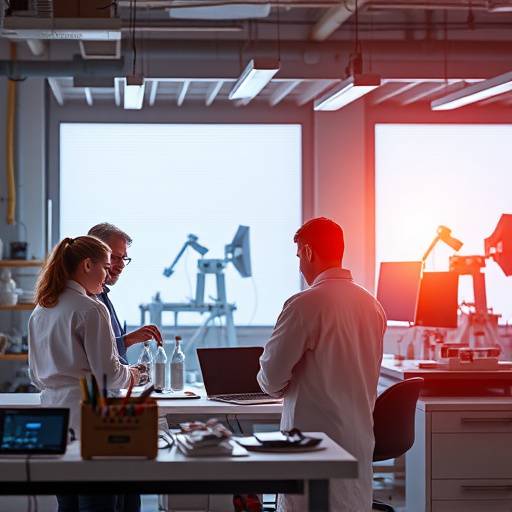 Imagen del equipo de InnovaTech Solutions trabajando en un laboratorio con equipos de alta tecnología.